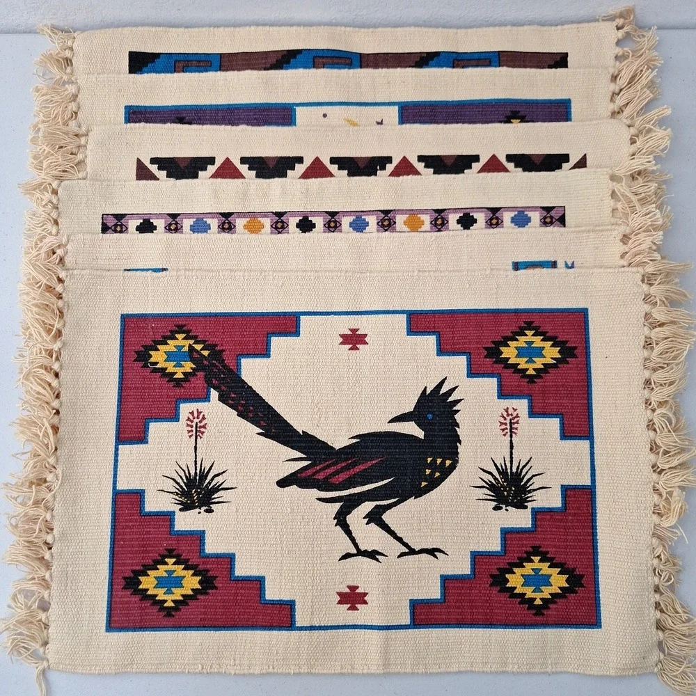 Vtg El Paso Saddleblanket Co Southwestern Woven Placemats Aztez Designs, 6 pc